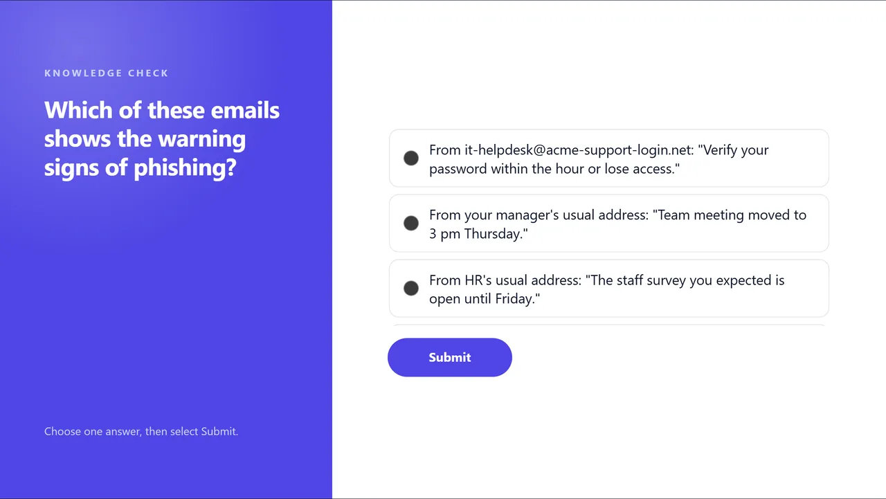 Knowledge check: which email shows the warning signs?