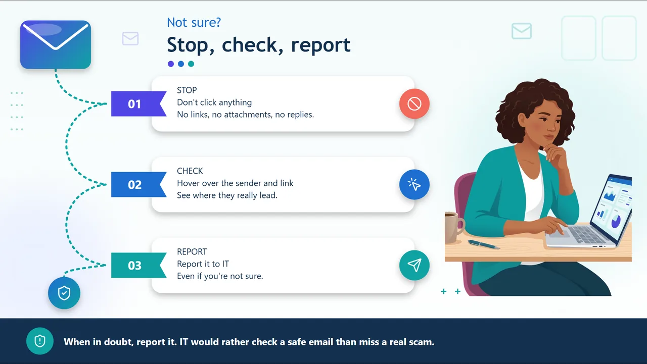 Stop, check, report: three steps beside a person at a laptop