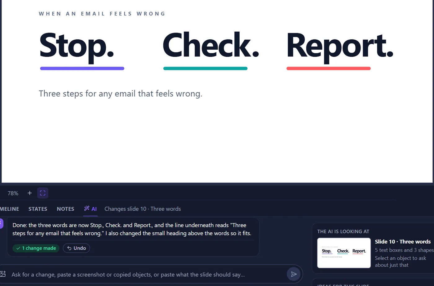 The editor with the AI panel open: it has rewritten a motion template to Stop. Check. Report.