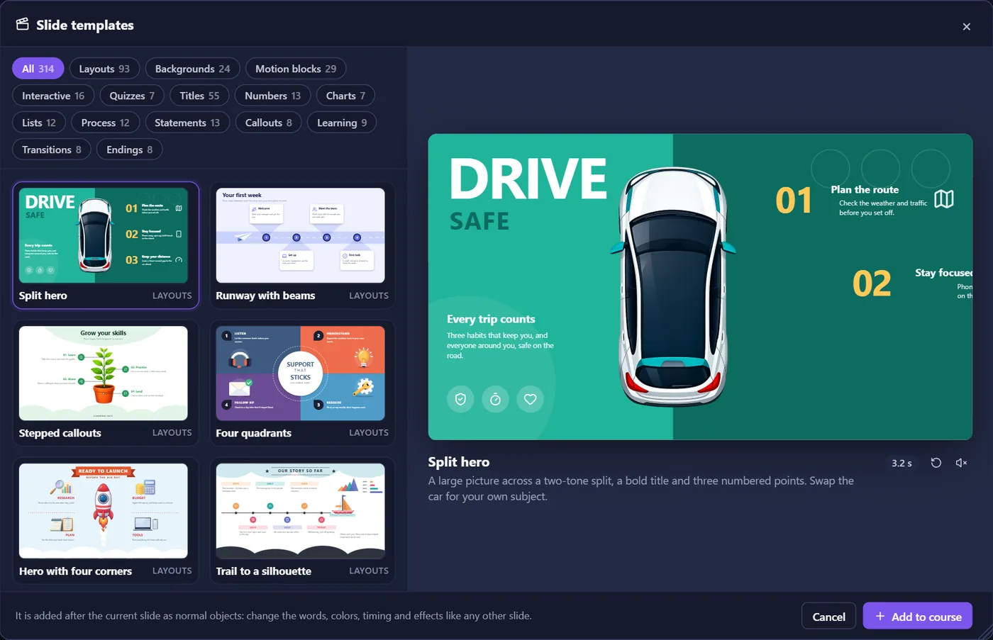 The Slide templates window: 314 templates in categories, with a large preview