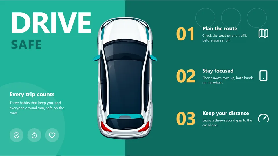 Template: Drive safe, a split hero with three numbered points