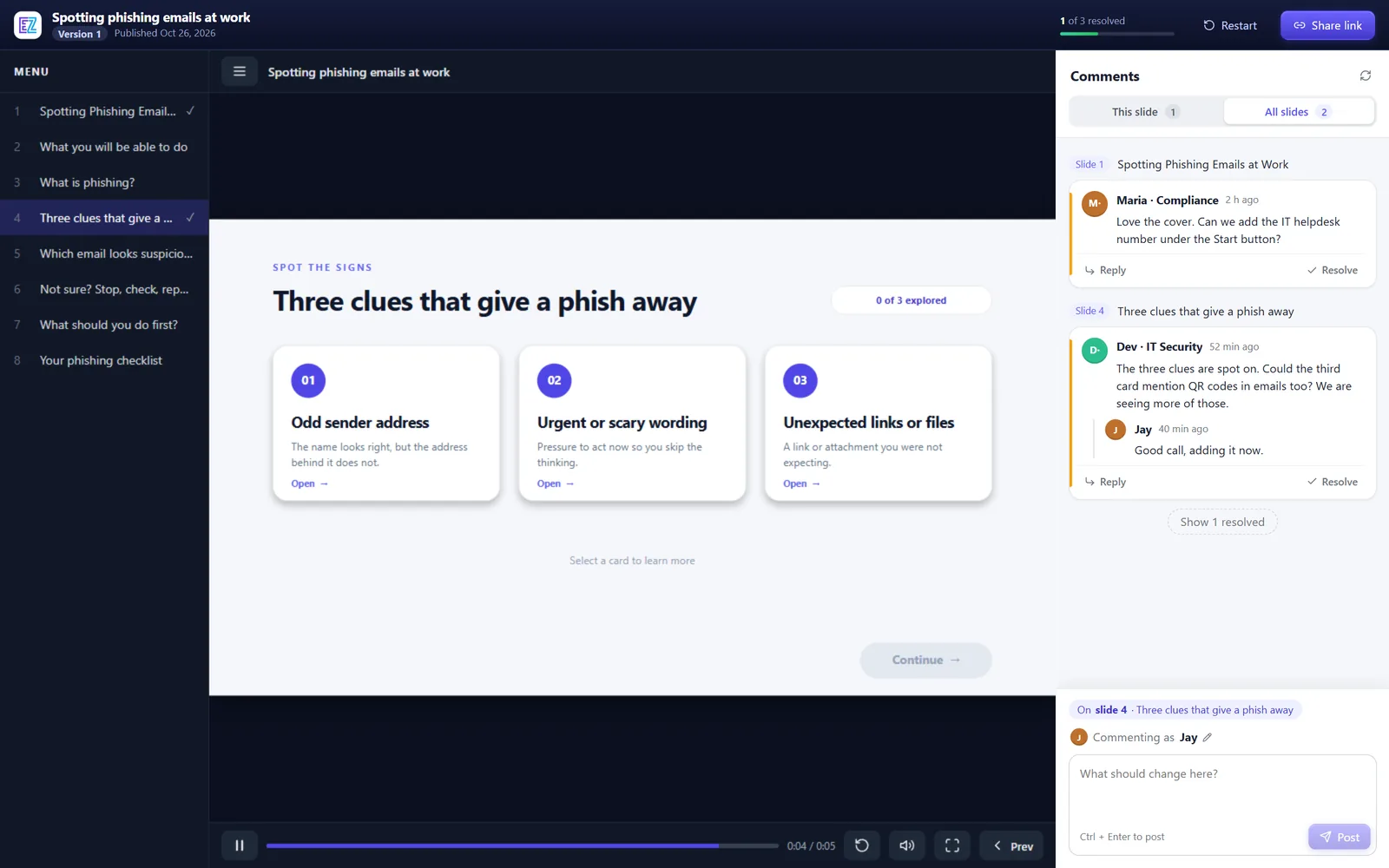 The review site: the course playing, with comments from reviewers beside it