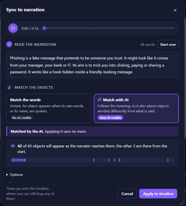 The Sync to narration window: 42 of 45 objects matched to the narration by the AI